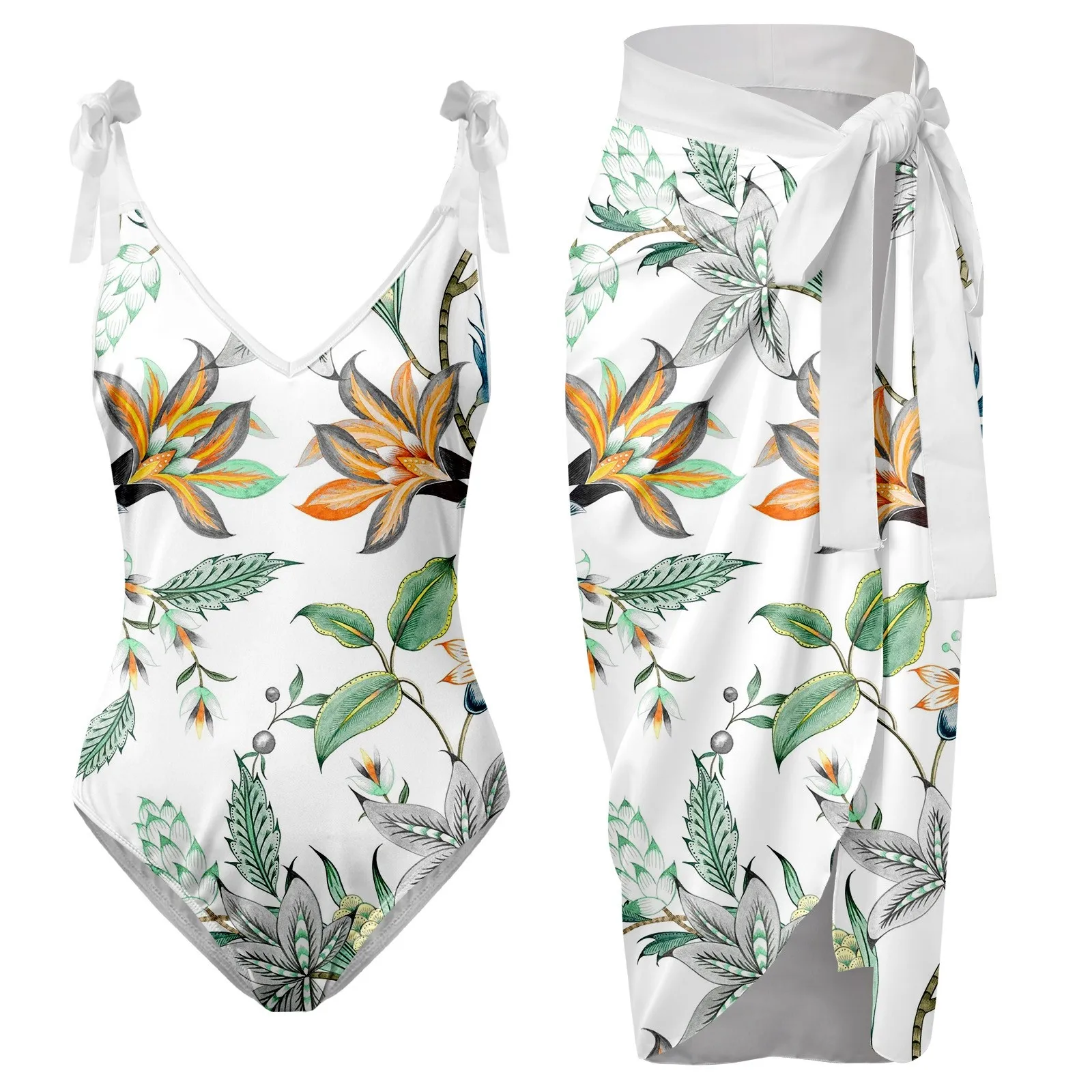 

Khaki Bikini Womens V Neck Flower Printed Swimsuit Apron Skirt Bikini Sets Neon Pink Bikini Vintage Bikini