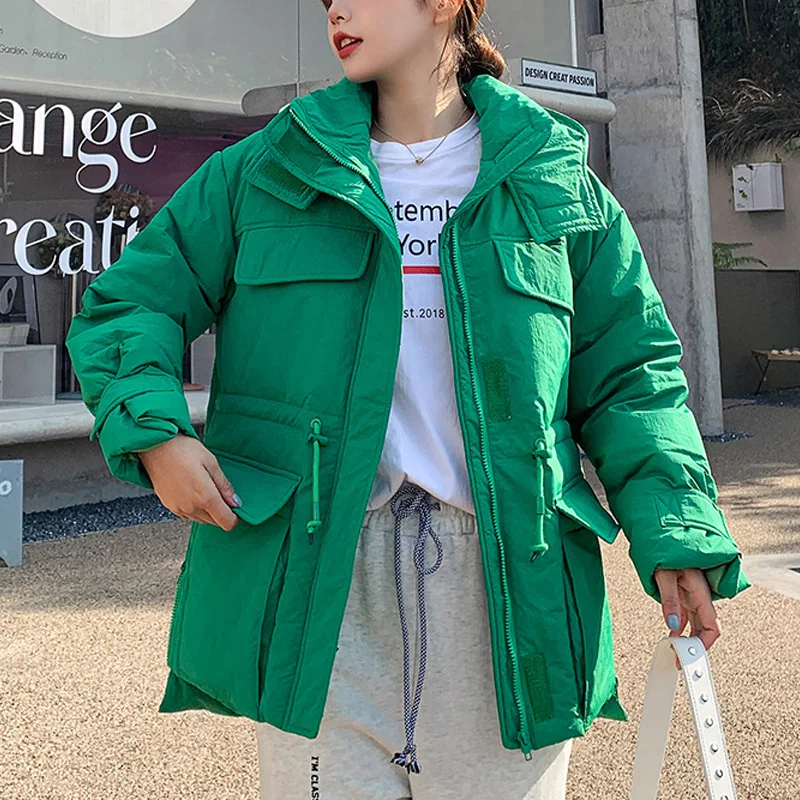 New Fashion 2022 Winter Parkas  Hooded Long Sleeve Solid Color Cotton-padded Warm Loose Jacket Women Fashion Outwear Coat