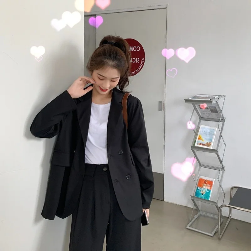 Khaki Blazer Office Lady Lapel Double Breasted Casual Commute Blazers Spring Autumn Thin Loose Suits Elegant Chic Coats Clothing