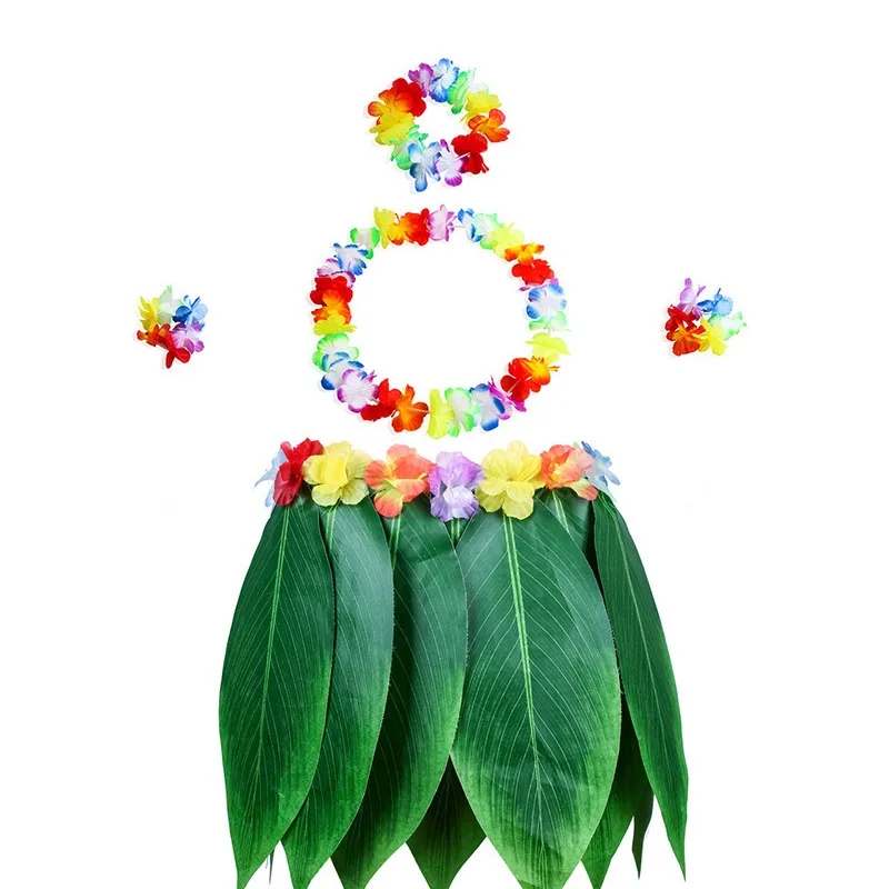 

Leaf Hula Skirt and Hawaiian Leis Set Grass Skirt with Artificial Hibiscus Flowers for Hula Costume and Beach Party Supplies