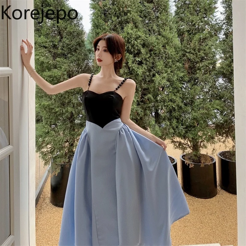 

Korejepo Women Dress 2021 Summer Ladies French Retro Temperament Hepburn Style Contrast Color Design Pearl Strap A-Line Vestidos
