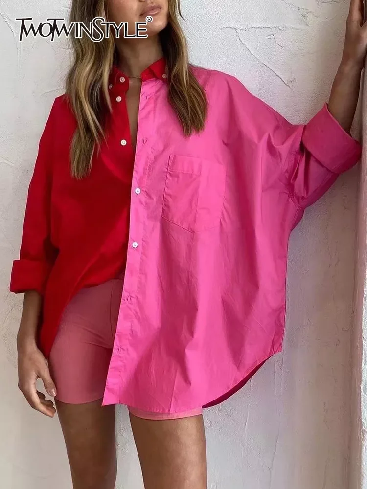

TWOTWINSTYLE Casual Shirt For Women Lapel Long Sleeve Straight Colorblock Button Through Blouse Female Fashion Clothing Style