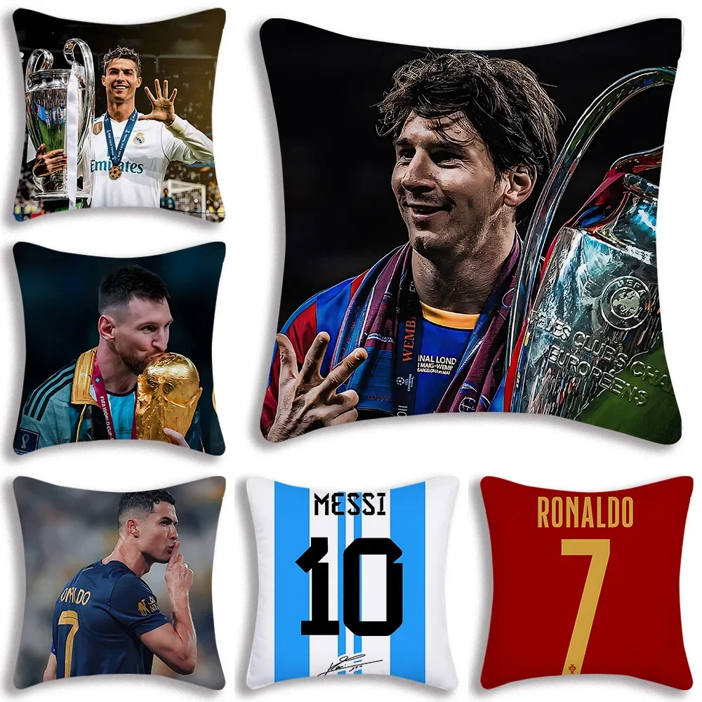 Football Star Pillow Covers Cartoon Sofa Decorative Home Double-sided Printing Short Plush Cute Cushion Cover M-MessiS-CR7