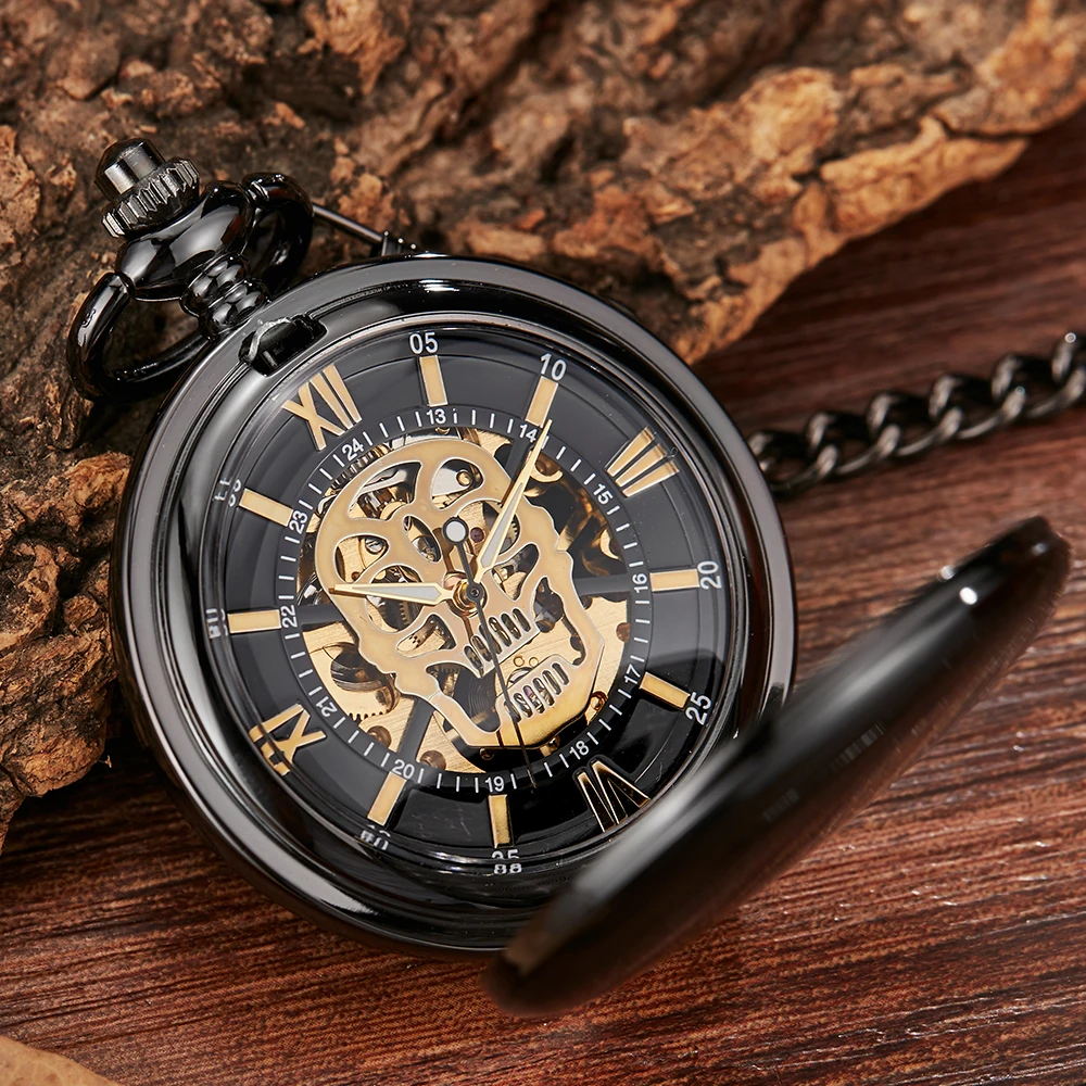 Stainless Steel Mechanical Pocket Watch Gold Silver Skull Skeleton Steampunk Clock FOB Gift Hot Sale Pendant reloj hombre Men