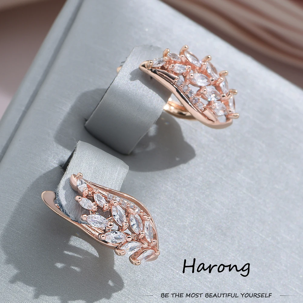 

Harong 585 Rose Gold Color Leaf Earrings for Women Girls Luxury Shiny Crystal Zircon Stud Earring Jewelry for Wedding Gift