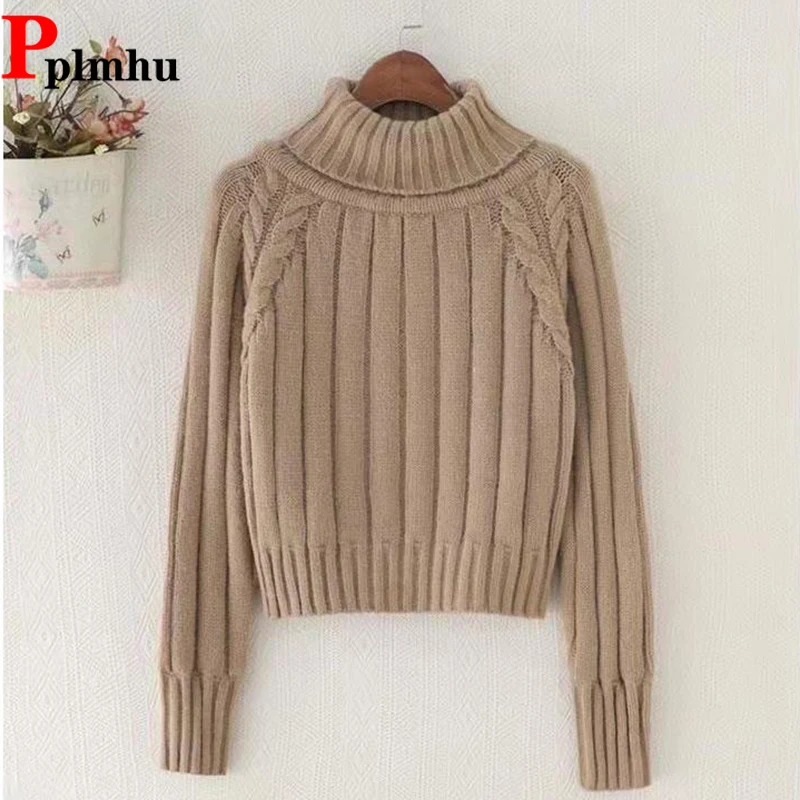 

Зимний пуловер с высоким воротником, топы, укороченный свитер цвета хаки, повседневный вязаный теплый джемпер с длинным рукавом, мягкие свитера в Корейском стиле, Новинка
