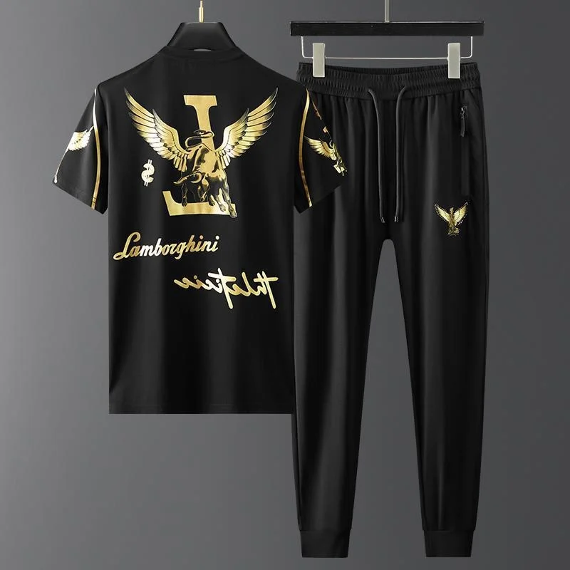 

Роскошный брендовый позолоченный летящий телефон мужская летняя тонкая Модная брендовая повседневная спортивная одежда гофрированный шелк Shuai из двух частей