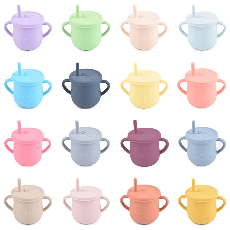 

57EE Baby Feeding Straw Cup Learning Drinking Silicone Sippy Mug with Double Handle