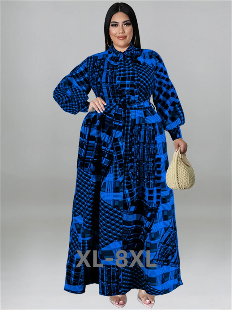 

Plus Size Women Clothing Fall Dresses with Belt Loose Vintage Long Sleeve Print Big Hem Long Dress Who 3xl 4xl 5xl 6xl