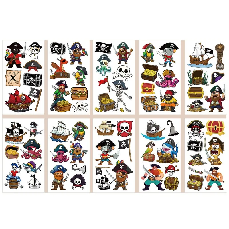 10Pcs Cartoon Pirate Treasure Gold Temporary Tattoos Sticker Skeleton For Girls Boys Birthday Party Supplies