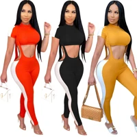 s3810 ladies sexy two piece summer new solid color pit strip splicing short sleeve top sling slim pencil pants suit women