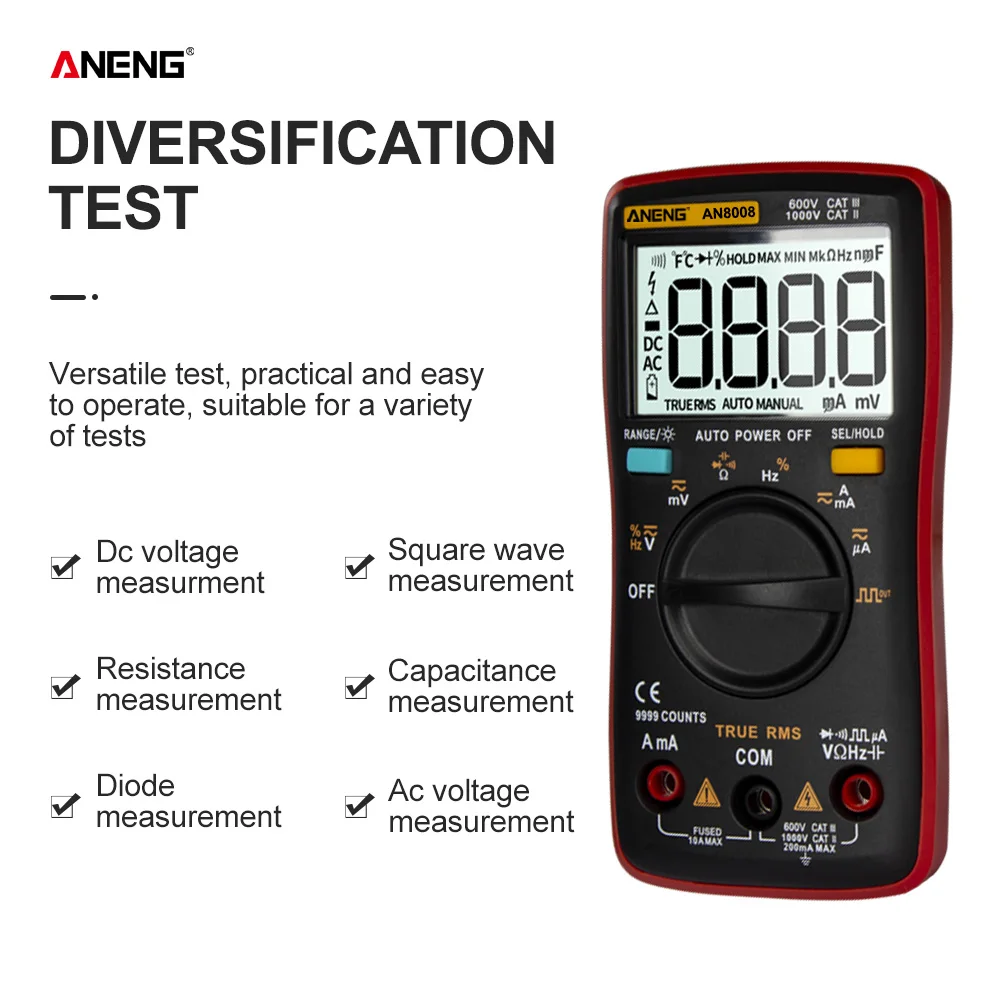 

ANENG AN8008 Digital Multimeter 9999 counts True-RMS Square Wave Backlight AC DC Voltage Ammeter Current Ohm Auto/Manual