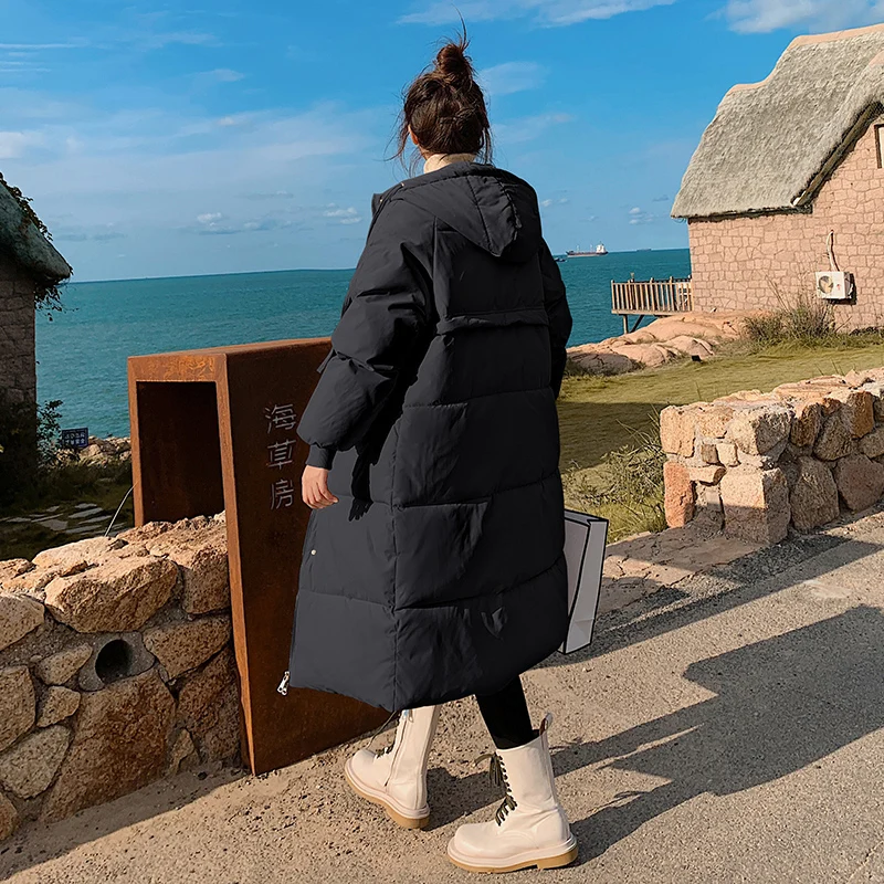 2022 New Fashion Winter Black Coat Women Long Parkas Solid Winter Jacket Women Cotton Padded Parka Hooded Loose Outwear
