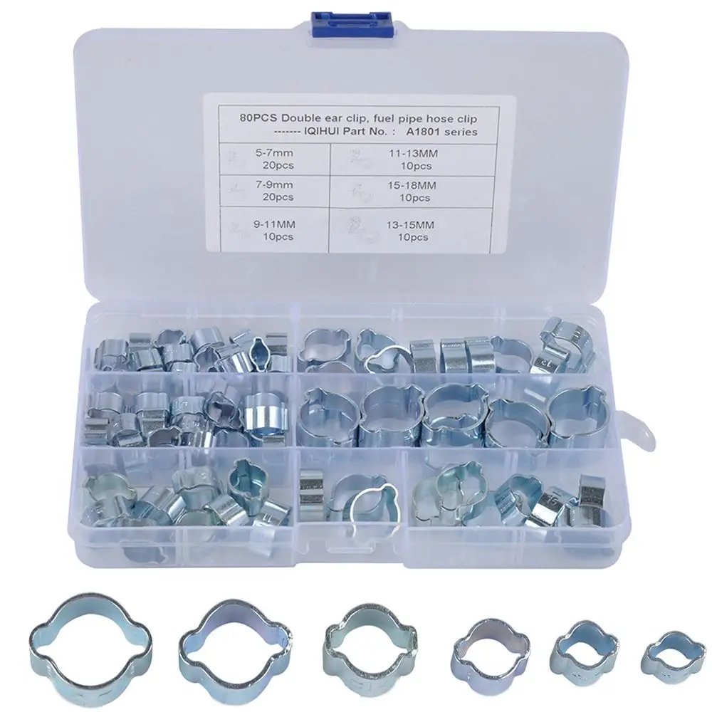 

80pcs Clamps Double Ear Hose Clips Water Fuel Air Clamps for 5-7MM Zinc Plated Assortment Box