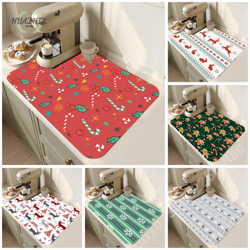

Merry Christmas Dish Drying Mat Drain Pads for Kitchen Placemat Super Absorbent Anti-Slip Waterproof Anti-Bacteria Decoration