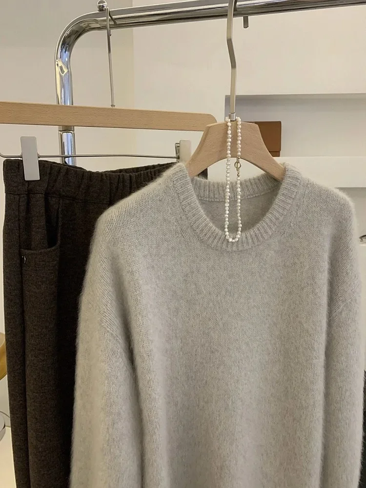 Зима 2023 новый серый пуловер с круглым вырезом свитер свободного покроя вязаный