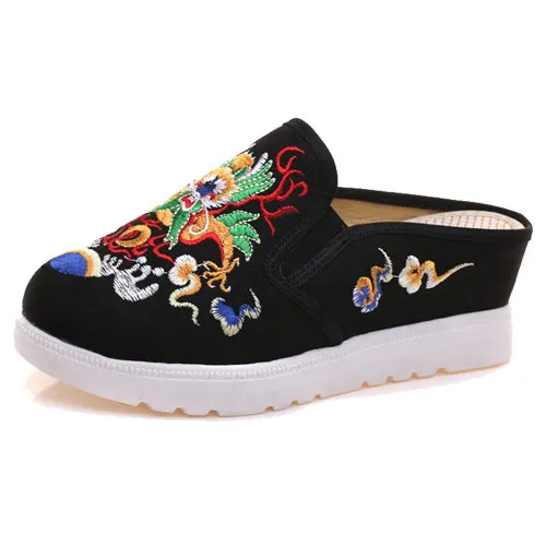 

YRZP Chinese Totem Embroidery Women's Casual Canvas Wedge Slippers Medium Hidden Heel Slip-on Comfort Platform Slides Shoes