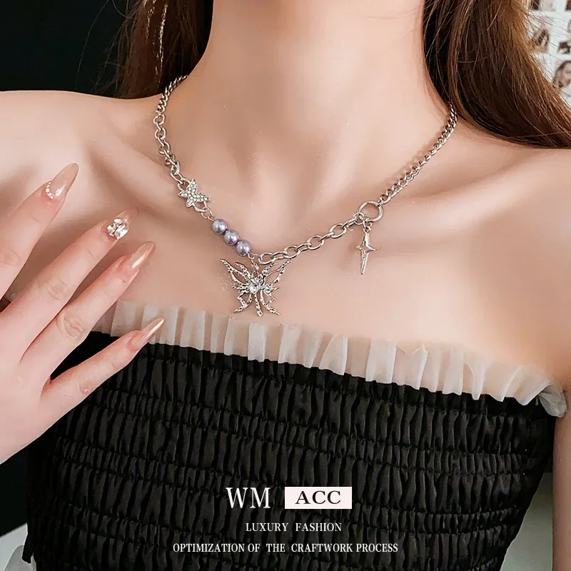 Ожерелье из титановой стали с жемчугом и бабочкой в Корейском стиле элегантная