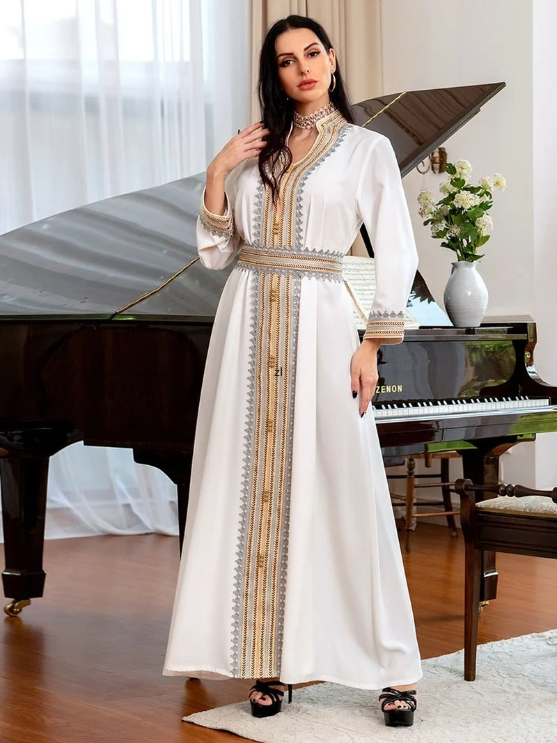 Evening Kaftan Long Dress Women Lace Trimming Arabian Abaya+Inner Slip Dress Muslim Dubai Saudi Jalabiya Wedding White Abayas