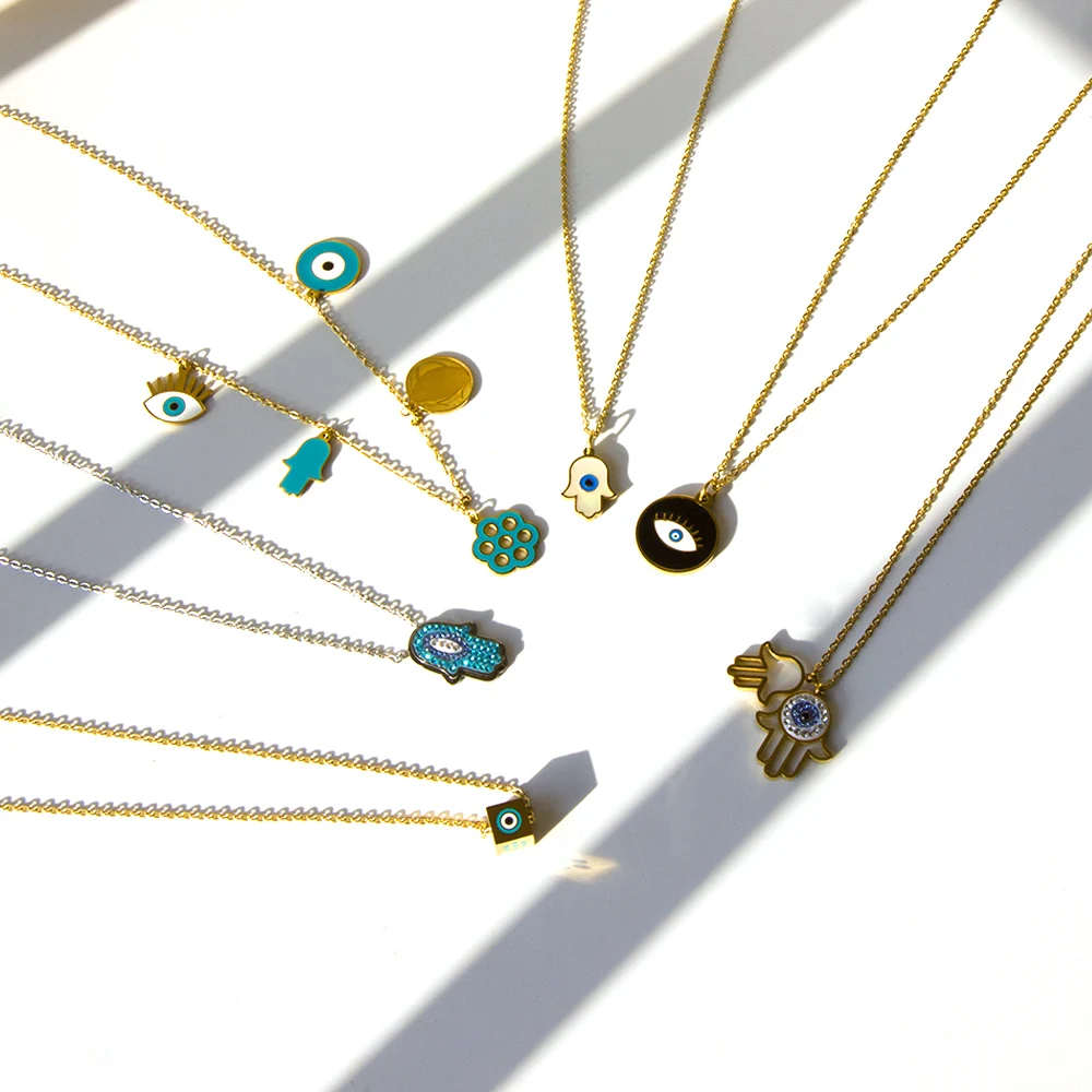 Ожерелье LUXUKISSKIDS Turkish Eyes Hiphop из нержавеющей стали с синими оберегами Злого Глаза, хамсой и рукой Фатимы в стиле эстетической ювелирии.