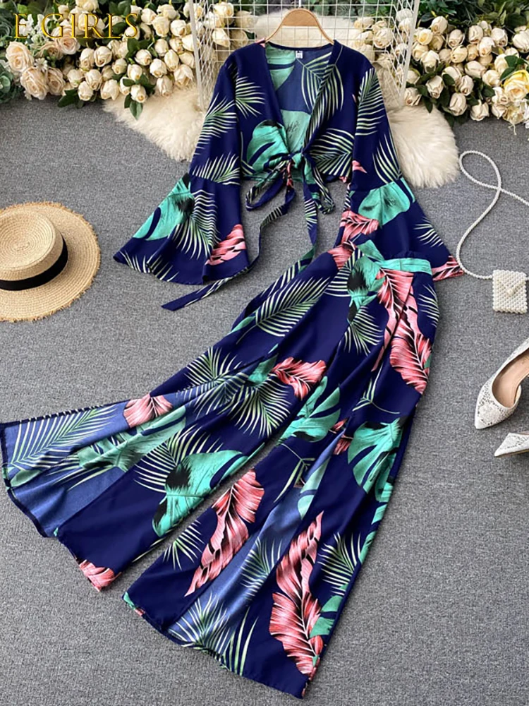 

J GIRLS Bohemian Vacation Beach Two Piece Set Women Sexy V-Neck Bandage Short Tops + High Waist Split Wide Leg Pant Suit Spring