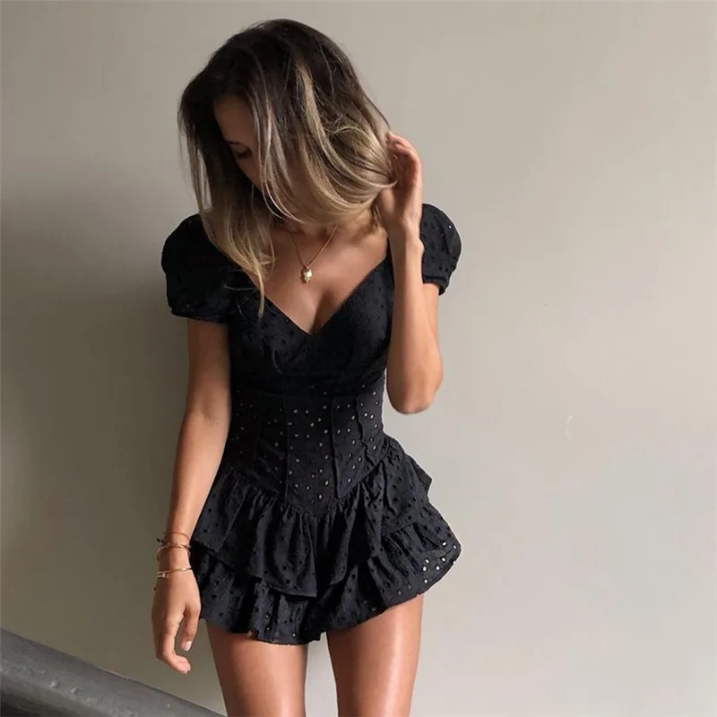 Fashion V Neck Ruffles Pleated Dress Women Puff Sleeve Chic Black Summer Dress Party Hollow Out Vintage Corset Ladies