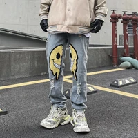 new jeans american street smiley embroidered flocking jeans mens high street hip hop hole distressed straight washed trousers