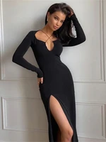elegant sexy hollow long dress long sleeve solid slim black club party dresses for women fashion bodycon streetwear dress summer