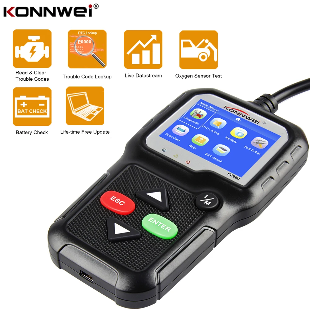 Автомобильный диагностический сканер KONNWEI KW680 OBD2, инструмент для диагностики автомобиля на русском языке