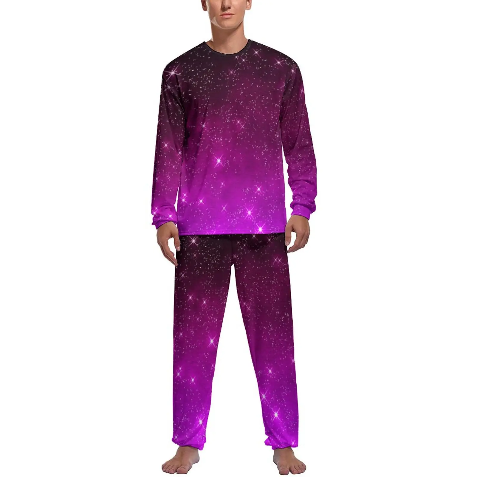 Pink Starry Night Pajamas Long-Sleeve Colorful Sky Print 2 Pieces Bedroom Pajama Sets Autumn Male Graphic Cute Home Suit