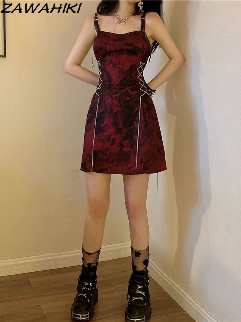 

2022 Summer Halter Dress Grunge Dark Tight Dress Retro Black Tie Dye Bandage Vestidos Y2k Harajuku Sexy Evening Dresses