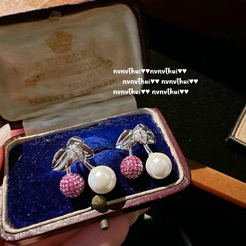 

925 Silver Cherry Earrings for Women Charms Round Shape Freshwater Pearl Elegant Drop Rarring Ladies Wedding Engagement Jewelry