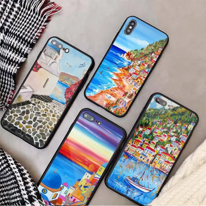 

Oia Santorini Greece Church Hand Painted Phone Case Tempered glass For iphone 11 12 13 PRO MAX mini 6 7 8 plus X XS XR