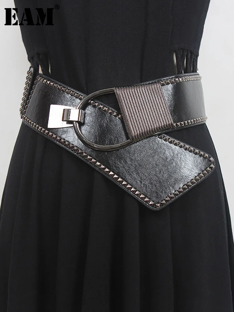 

[EAM] Pu Leather Black Irregular Long Wide Elastic Belt Personality Women New Fashion Tide All-match Spring Autumn 2023 1DE7501