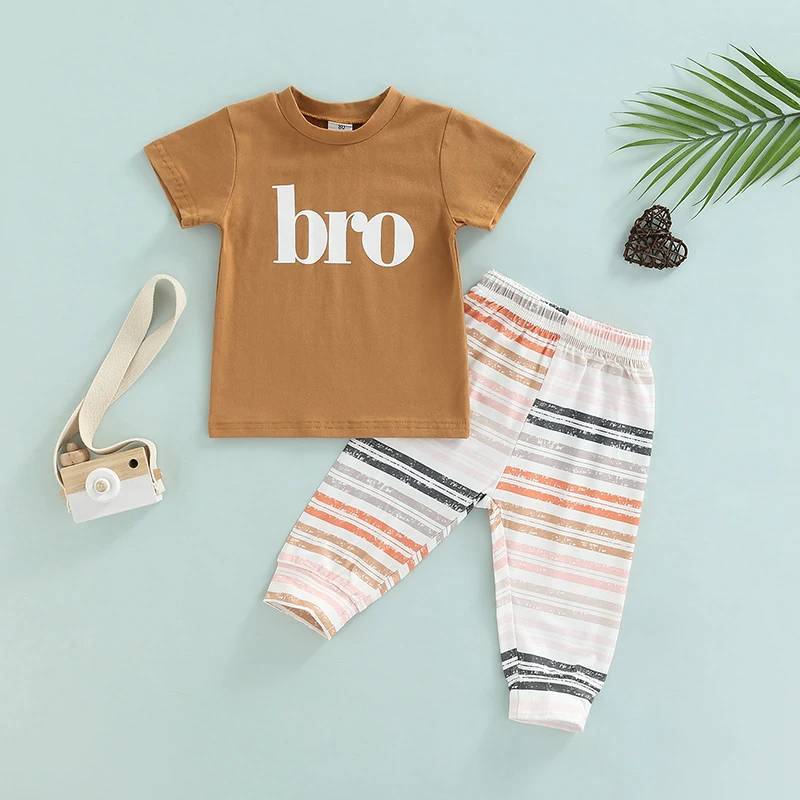 

2-Piece Boys Summer Outfit Letter Print Short Sleeve T-Shirt Tops+ Striped Pants Set for Kids 6 Months to 3 Years