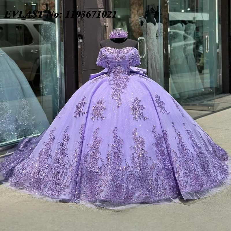 EVLAST Лавандовое платье для Quinnceanera бальное блестящее кружевное аппликация бисером