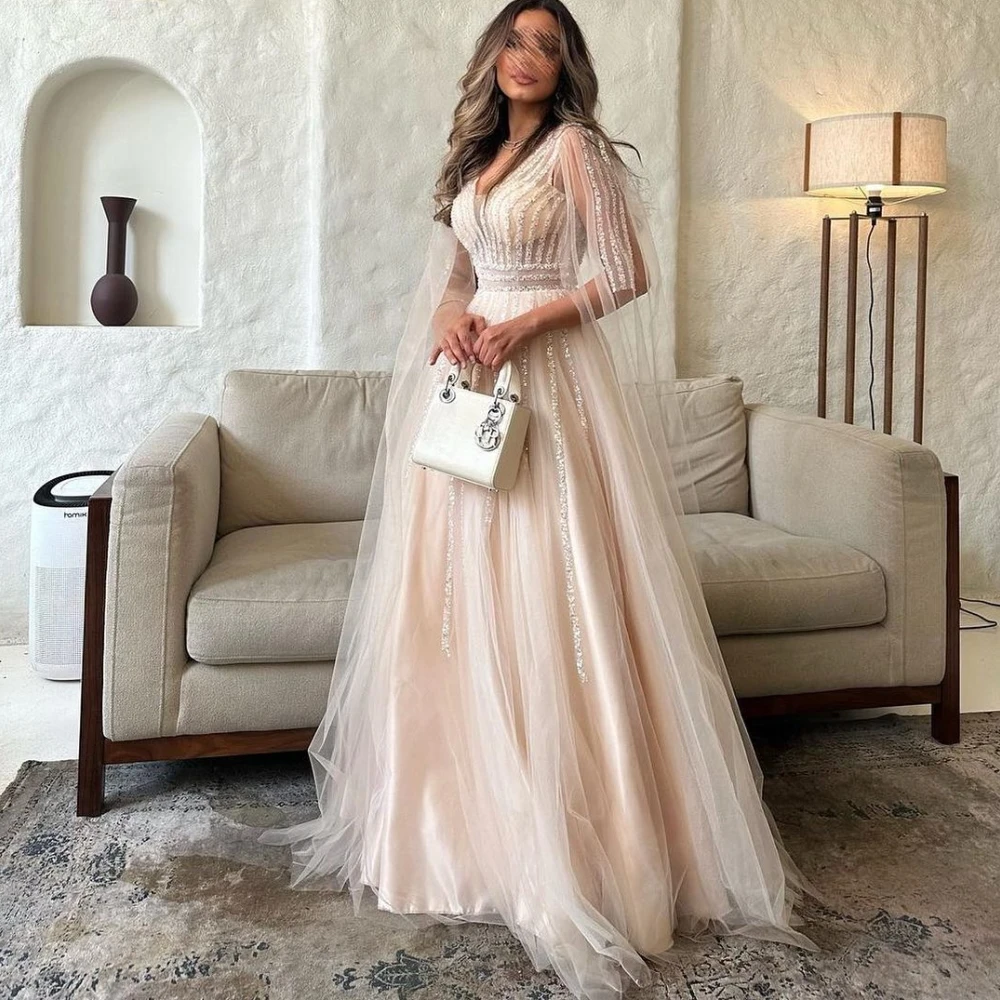 

Qcenkern V-Neck A-Line Evening Formal Saudi Arabia Cape Sleeves Tulle Sequined Party Dresses Gowns Women Robes de Soirée 2023