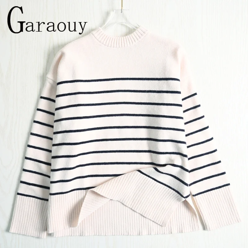 

Garaouy 2022 Autumn Women's Slit Loose O Neck Long Sleeve Striped Sweater Lazy Soft Knit Jumper Female All-match Pullover Mujer