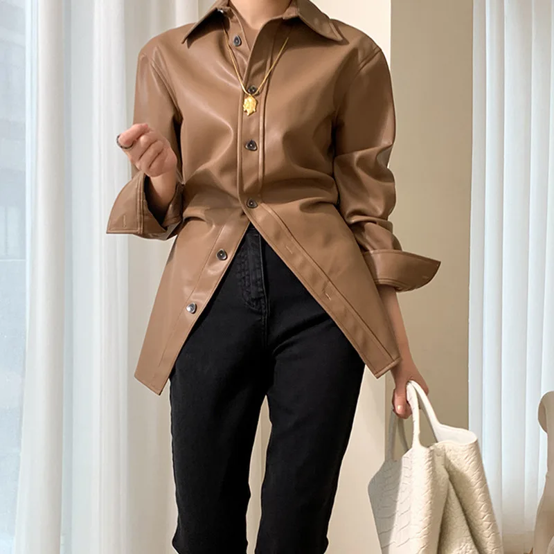 2022 Chaqueta Cuero Moto Mujer Leather Upside Down Pleated High Street Waist Thin and Handsome Leather Shirt Women Autumn