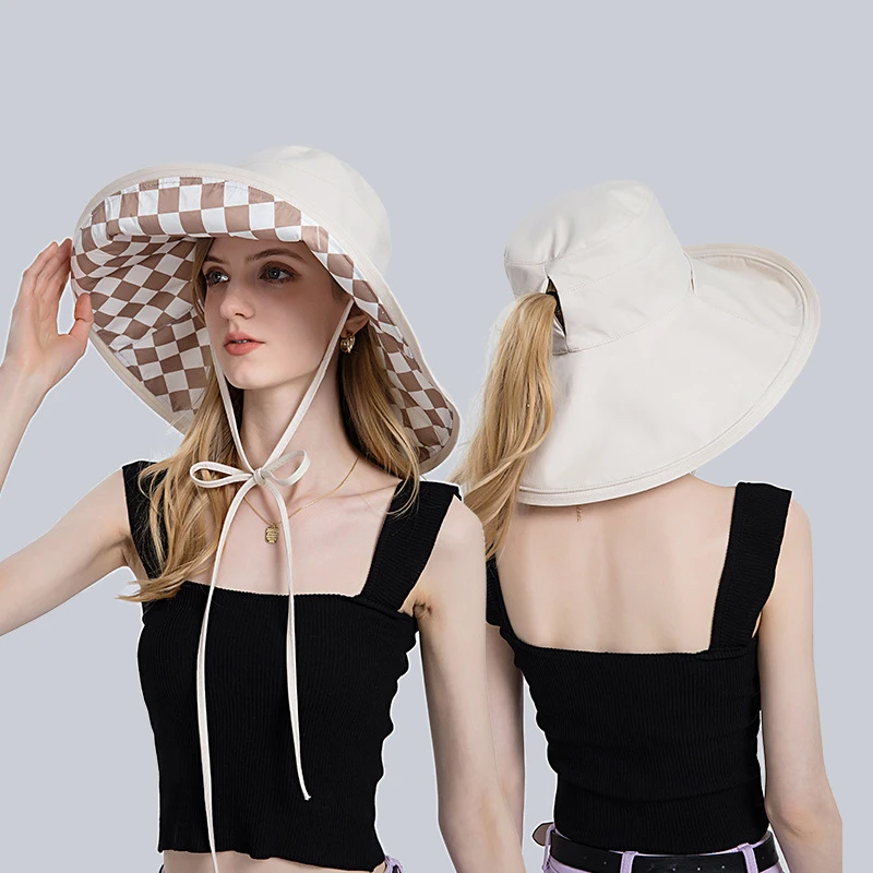 

Reversible Check Bucket Hat For Women Foldable Big Brim Sun Hat Fashion Casual Korean Style Ladies Travel Beach Accessories