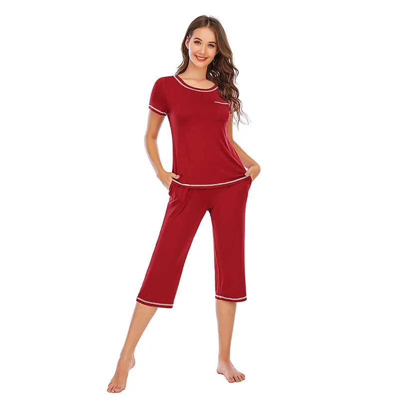Spring and Autumn Women's Pajamas Suit Modal Short-sleeved Cropped Trousers Casual Home Service Pajama Set Women Sleepwear