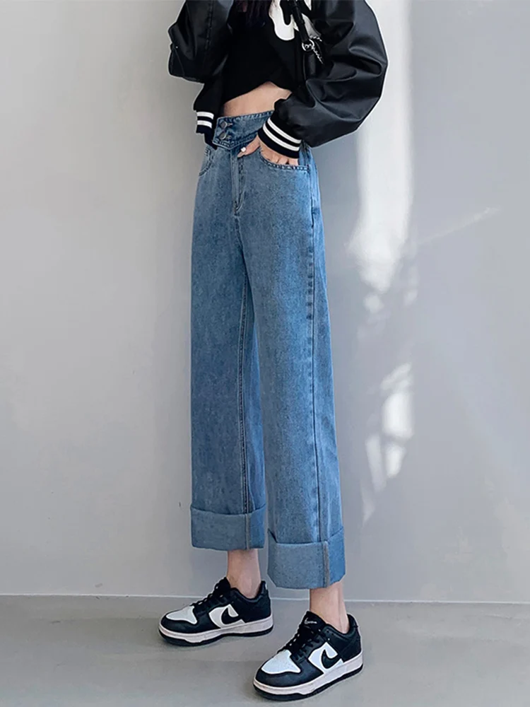 Jeans Hight Waist Women Mom Fashion Elastic Waist Denim Pants Straight Leg Loose Fit Streetwear Summer Style Baggy Trousers