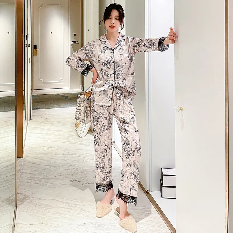 New ice silk couple pajamas Men's spring and summer simulation silk thin pajamas ladies sweet leopard print homewear suit