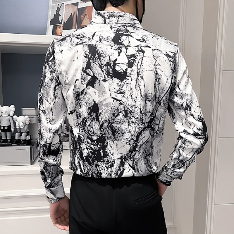 2022 Ink Splash Print Shirt Men Autumn Long Sleeve Casual Slim Business Formal Dress Shirt Streetwear Social Party Tuxedo Blouse