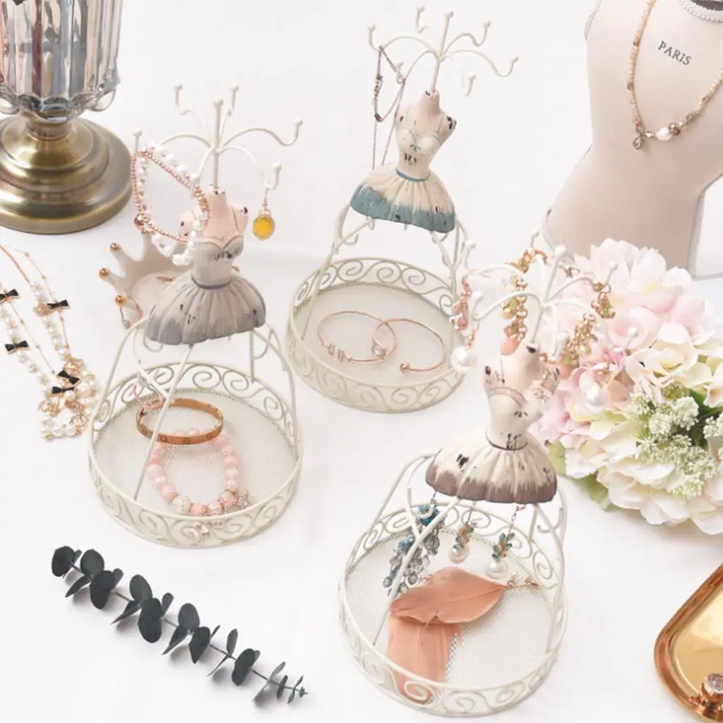 White Metal Wire Frame Vintage Mannequin Jewelry Display Stand for Bracelets Necklaces Earrings Fashion Lady Style Jewelry Rack