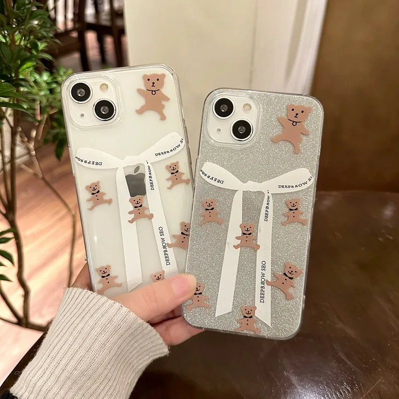 

Cartoon bear laser bow clear bow soft silicone phone case for iphone 11 12 promax 14 plus 13 pro max ins 2023 back cover capa