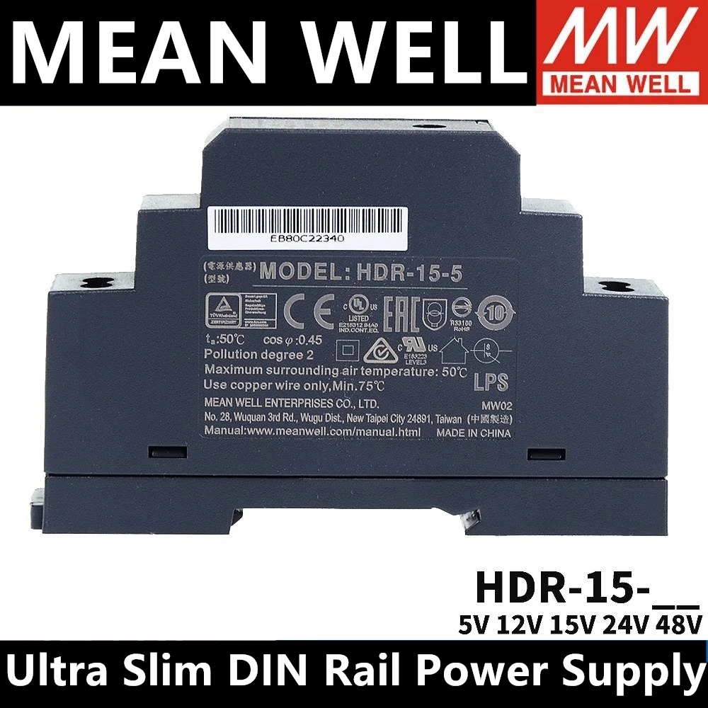 

Mean Well HDR-15 15W 85-264VAC TO DC 5V 12V 15V 24V 48V meanwell Ultra Slim DIN Rail Power Supply HDR-15-5 HDR-15-12 HDR-15-24