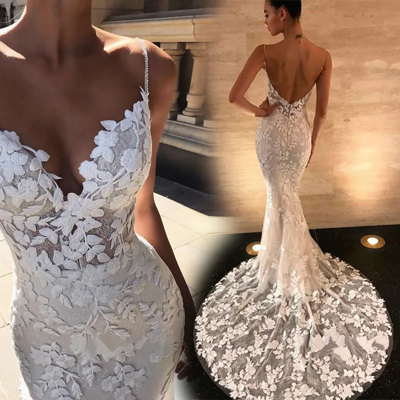 

Spaghetti Straps Embroidered Bridal Gowns Evening Dresses For Women 2022 Sexy V-neck Floral Lace Boho Wedding Mermaid Vestidos