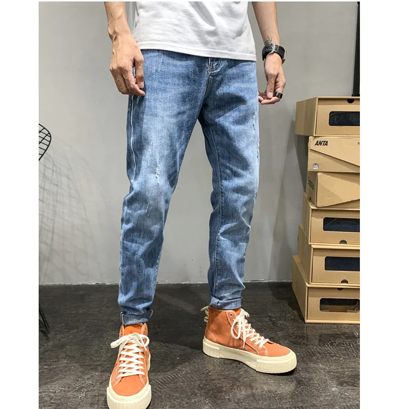 Streetwear Men 2022 New Pattern American Recreational Blue Pants Chaopai Small Trouser Leg Self-cultivation Jeans Autumn Female