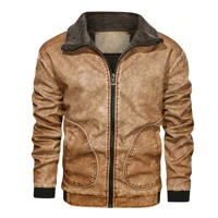 joobox 2022 winter men leather biker jacket patch pockets zipped vintage wash effect jacket with fleece liner